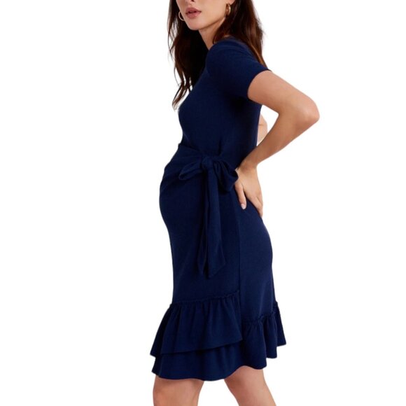 A Pea in the Pod Maternity Dark Blue Side Tie Ruffle Hem Midi Dress Size Small - Picture 3 of 9
